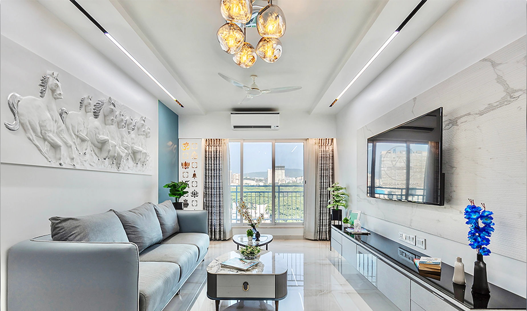 Living room with a hand-carved horse relief and marble TV wall